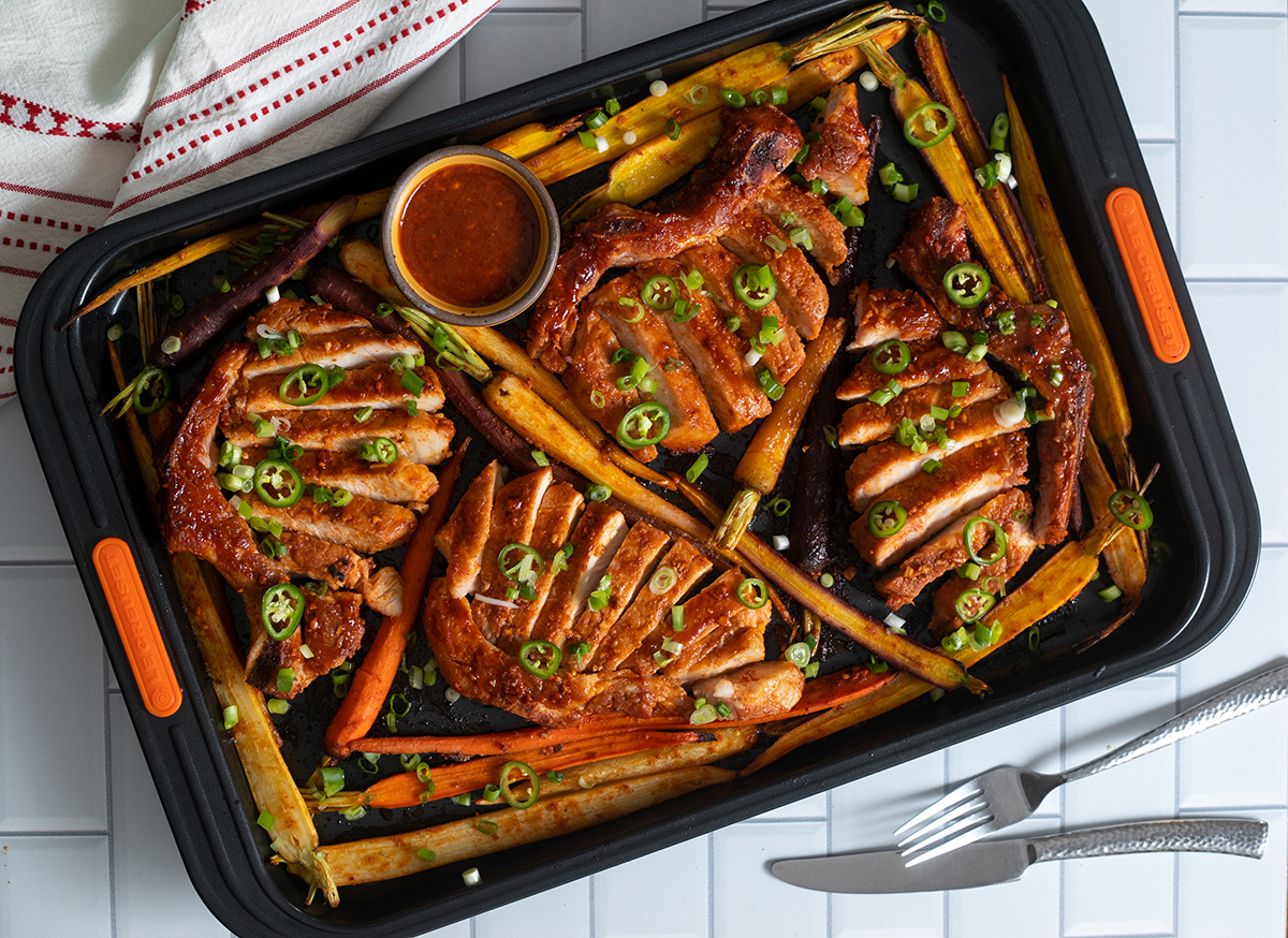 Sheet Pan Pork Chops with Jo’s Korean Marinade and Spicy Carrots