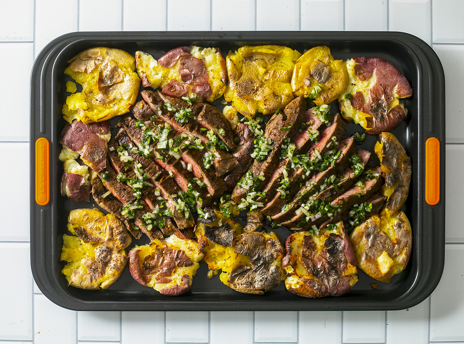 Sheet Pan Soy-Marinated Flank Steak with Savory Smashed Potatoes