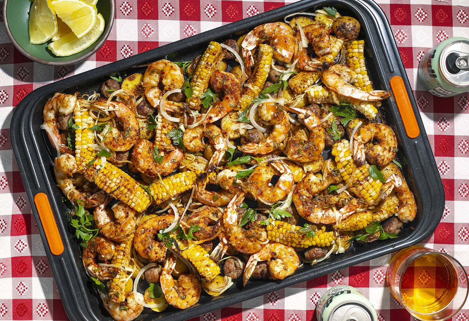 Sheet Pan Shrimp “Boil” with Sausage Meatballs and Spicy Corn Ribs